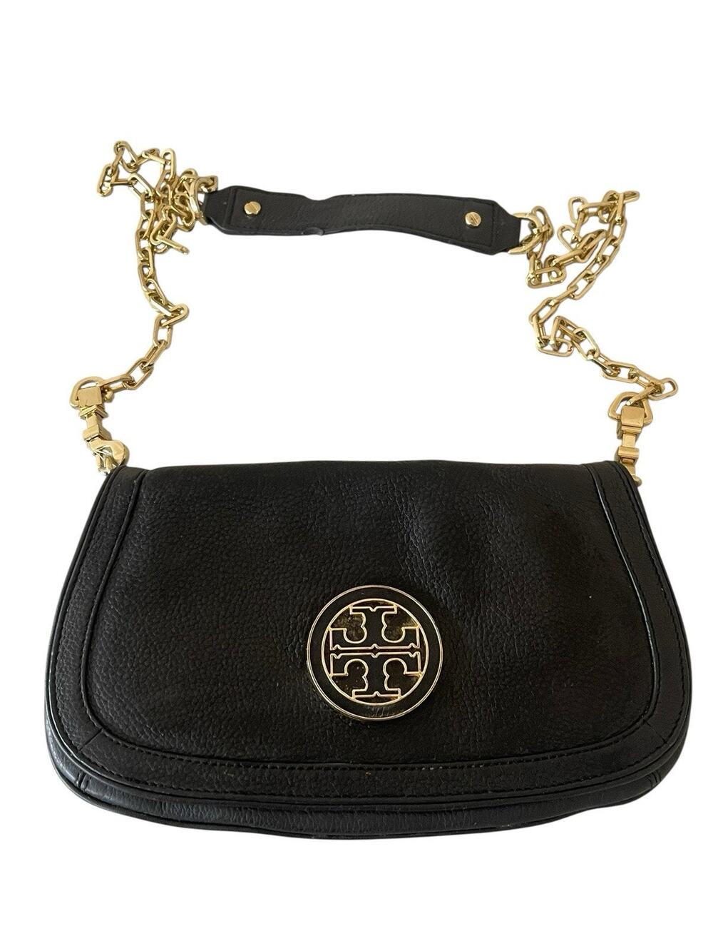 Tory Burch Amanda Logo Clutch Crossbody Bag in Black Chain Strap Pebbled Leather